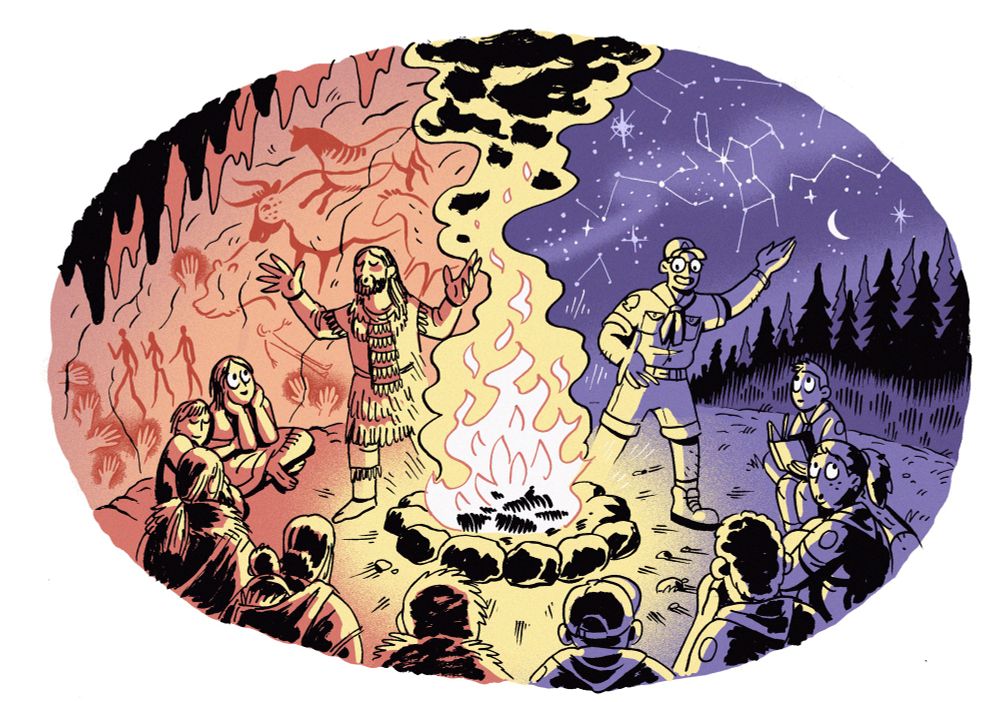 A campfire splits the image in two. On one side, in a red cave, a shamanic leader tells a story to a circle of primitive human. On the cave wall we can see illustrations of animals. The circle of humans swings around the campfire and on the right, against the deep blue of the night sky, a scout leader points to the constellations.