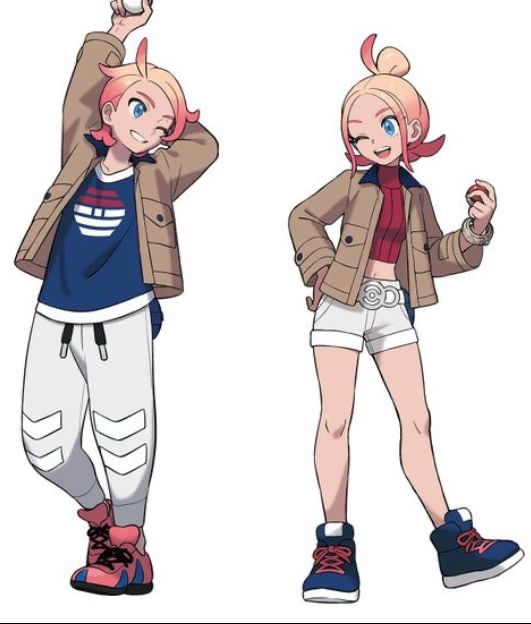 the male and female rivals from Pokemon ZA. male has a full t-shirt and long pants, female has a crop top and shorts