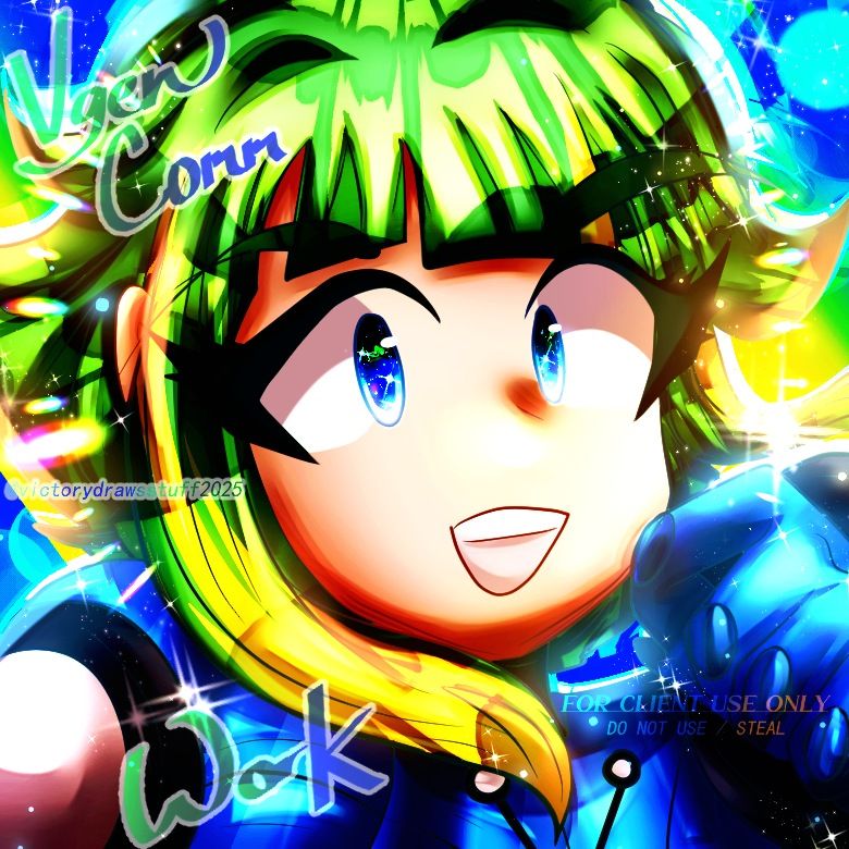A digital artwork that is commissioned art for @allenyorkwu of his OC Minerva from the manga series My Internet Friends, commissioned via the art commissioning platform Vgen.

Minerva has short green hair with yellow streaks on the bangs, fair skin, blue eyes and wears a blue jumpsuit with black and white circle designs. She is drawn smiling with her right hand in a fist.

Background is primarily blue with yellow and green gradients with sparkle motifs.

Covered with a watermark saying "Vgen Comm Work" and "FOR CLIENT USE, DO NOT STEAL". 

Done in Clip Studio Paint.