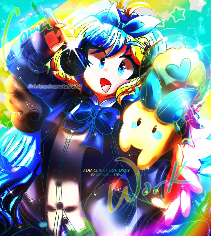 A digital artwork that is commissioned art for @Miniminun on Toyhouse of their OC Mini and her pet Pixel.

Mini is a woman with fair skin, blue eyes and long hair down that is light blue with yellow streaks on both sides. She is wearing a dark blue coat, pale brown vest, white shirt and a blue bow at her neck. She also wears a blue bow on her head. Mini is posed smiling, holding a mic in her left hand and holding her hand out to the viewer with her right hand.

Pixel is a bunny-like creature with a yellow body and blue ears, as well as a semi transparent snail-like shell that is blue, with a yellow shaped circle in the shell witha  blue heart inside.

Background is primarily yellow and cyan stripes with sparkles, stars and a rainbow surrounding Mini and Pixel.

Covered in a watermark saying "Comm Work" and "FOR CLIENT USE ONLY, DO NOT USE / STEAL" , done in Clip Studio Paint.