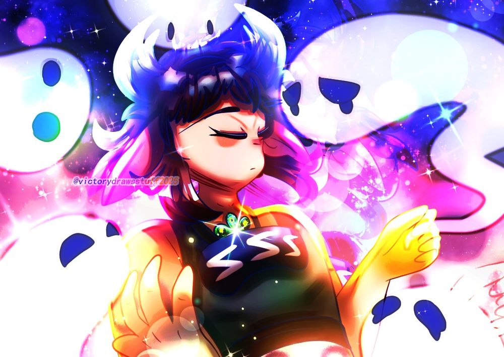 A digital artwork that is an Artfight Revenge for @HoneyGlazedGhost on Artfight of his OC Dandy.

Dandy is a peacock + peafowl hybrid human(oid) with long elf ears, tan skin with darker eyebags under her eyes (closed) and wears an outfit consisting of a black sleeveless top, a sleeping mask that is blue with white text saying "ZZZ" , a peacock themed jewel around her neck and has short, curly brown hair. Dandy is drawn with several ghosts / spirits around him with various expressions and a background that is primarily a night sky with a dark blue to pink gradient with sparkles and stars all over.

Done in Clip Studio Paint.