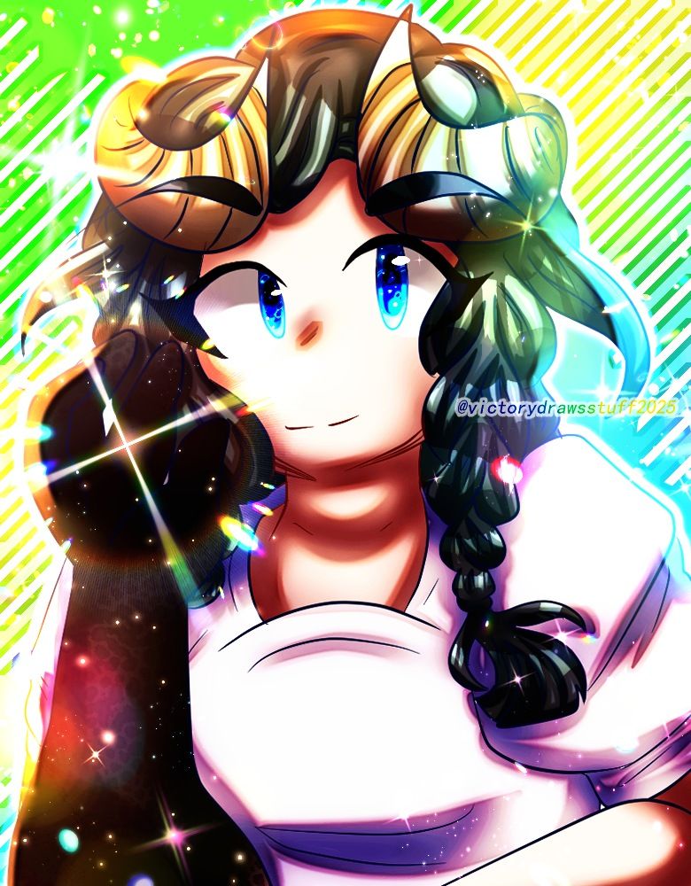 A digital artwork that is an Artfight Revenge attack for @ikeaaa of her OC Kira. Kira is a humanoid with blue eyes, fair skin and wears an outfit consisting of a white blouse-like shirt and has black hair styled in braided pigtails and gold / brown colored horns. She is holding up her arm which is black in color and has scales. Background is a green, yellow and blue gradient with stripes and sparkle motifs.

Done in Clip Studio Paint.