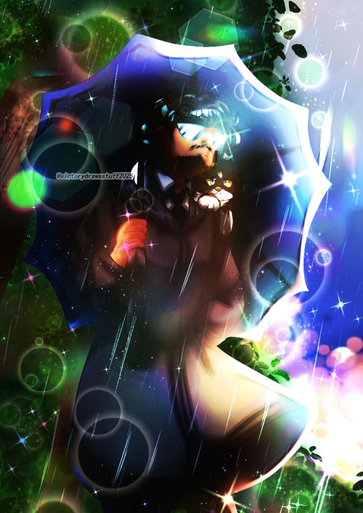 A digital artwork that is an Artfight Revenge attack for @e_scape_goat.bsky.social of her OC Sunli.

Sunli is a Disco Elysium OC that has black, short and curly hair , brown skin and wears sunglasses over his eyes. He wears a black suit and white shirt and a long, black trench coat with matching black pants. He is looking up at the sky and is holding a dark blue umbrella to shield himself and his cat from the rain pouring down. Background on the left side consists of trees from a upwards perspective as well as leaves, and the right side is a light to dark blue sky gradient with bokeh, sunset colored lights in the background.

On Sunlis right shoulder is his cat Sapphire resting on it. Sapphire is a cat with primarily black fur with white patches on the ears, paws and face and has green eyes.

Done in Clip Studio Paint.