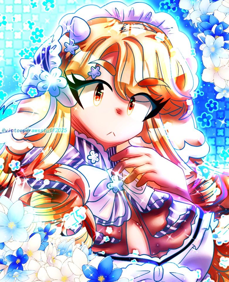 A digital artwork that is an Artfight Revenge attack for @comfyjean on Artfight of their OC Leine.

Leine is a Milqilin OC with fair skin, brown eyes and long, curly blonde hair. She wears an outfit that is primarily shades of blue and white with white bows , white lace linings and blue flower charms. Drawn with blue and white flowers surrounding her and the background is a light to dark blue gradient with flower pop design motifs.

Done in Clip Studio Paint.