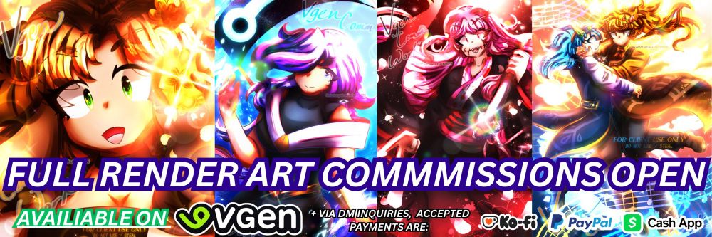 A digital graphic for promoting @victorydrawsstuff.bsky.social Full Render art commissions.

It shows samples of Full Render art commissions done in the past, text says:

"FULL RENDER ART COMMISSIONS OPEN

AVALIABLE ON VGEN (Shown with Vgen logo)

+ Via DM inquiries, accepted payments are: Kofi, Paypal, CashApp (shown with the Kofi, Paypal and Cashapp logos) ."