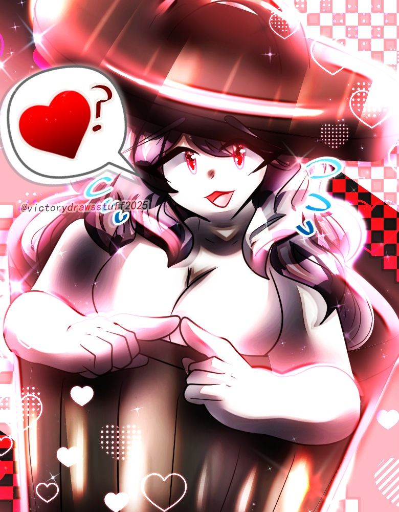 A digital artwork that is an Artfight Revenge for @ihatefridays.bsky.social of their OC Trash-Can Chan.

Trash-Can Chan is a humanoid personification of a ordinary trash-can that is completely silver all over with pink / red eyes, her body covered with a trash can lid as a sort of hat and trash can body as her sort of clothing. She is drawn with her fingers in the "👉 👈" position with a speech bubble with a "❤❓" symbol.

Background is primarily pink and silver with grid halftone and heart motifs. 

Done in Clip Studio Paint.