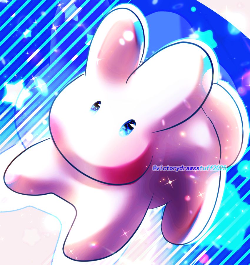 A digital artwork that is an Artfight Revenge attack for @impeack.bsky.social (Bluesky) of her OC Miko.

Miko is a white Simple Shaped rabbit OC with beady blue eyes. Background is pink and blue with blue stripes and star + sparkle motifs. 

Done in Clip Studio Paint.