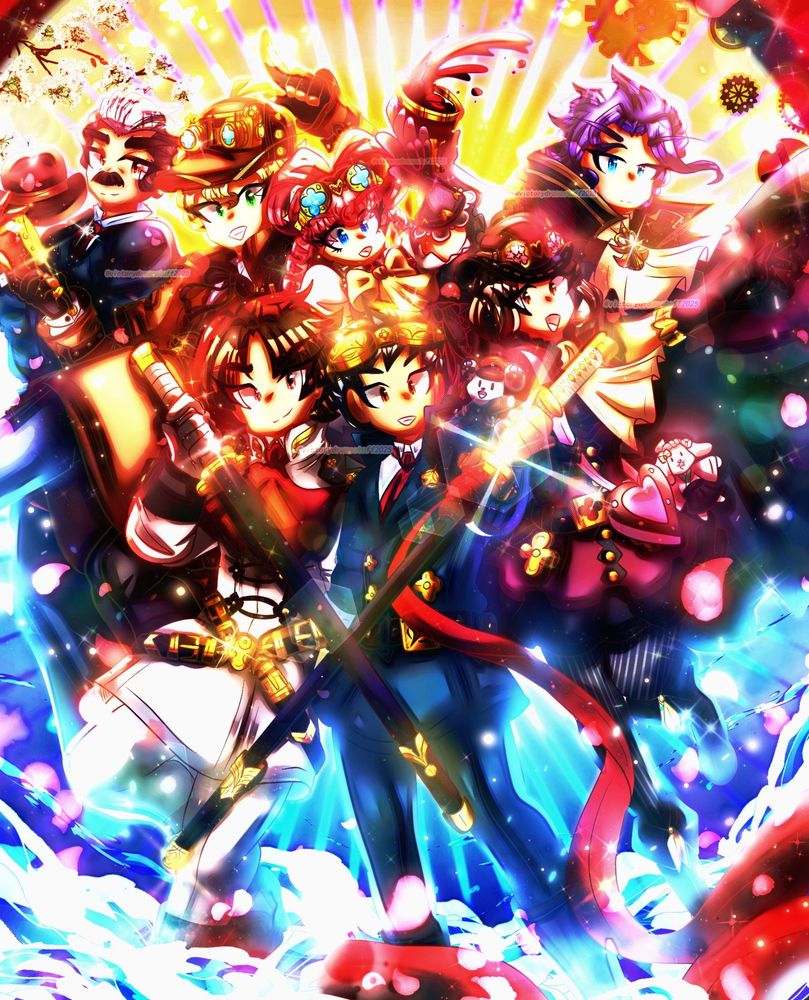 A digital artwork that is fanart for the game Dai Gyakuten Saiban / The Great Ace Attorney, featuring seven of their characters including the main character Ryunosuke Naruhodo (DLC outfit version) at the center.

Left side (In order from left to right): Yuujin Mikotoba (Britain outfit version), Herlock Sholmes , Iris Wilson

Right side (From left to right(: Barok Van Zieks, Susato Mikotoba (DLC outfit ver) 

Ryunosuke is holding the samurai sword Karuma in his right hand and on his right shoulder is his small mouse companion that is a mini version of Ryunosuke (original outfit ver) , Susato also has a small rabbit companion attached to her heart shaped bag that is a mini version of her (original outfit ver). Kazuma is also holding one of his samurai blades in his left hand.

A red ribbon attached to Karuma the sword is flowing from the hilt to being around the composition as a border. Background is a orange to blue gradient themed to be a sunset above a ocean, with a halo-like design surrounding te characters, bottom half has water flowing around the legs of the characters and the top has sakura blossom flowers and branches plus steampunk gear designs.

Done in Clip Studio Paint.