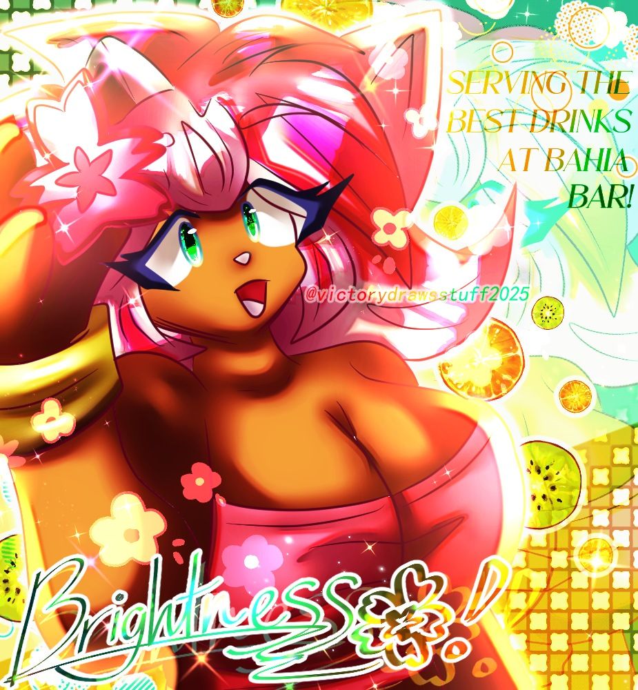 A digital artwork that is an Artfight Attack for @Neeko_uwu on Artfight of her OC Brightness.

Brightness is a hedgehog kemonomimi OC with short pink hair, green eyes and tanned skin. She is holding a pink flower in her hair and wears a pink sleeveless top and a gold bracelet, and is facing the viewer with a smile.

Background is primarily mint green and orange with fruit (orange and kiwis) motifs and clover halftones with a sort of magazine-like design with text "SERVING THE BEST DRINKS AT BAHIA BAR!" and a signature style text with text "Brightness 🌸!"

Done in Clip Studio Paint.