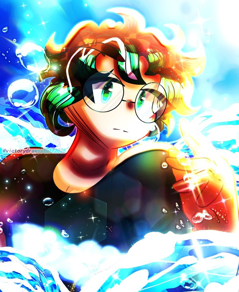 A digital artwork that is an Artfight Revenge Chain (Level 5) for @apodoforcas on Artfight of her OC  Sebastian.

Sebastian is a human(oid) OC with short curly brown hair with mint green ends. He has fair skin and mint green eyes, and wears round rimmed glasses with black rims and is wearing a black shirt. He is drawn in the ocean water, waves and water droplets splashing around him and the background is a blue sky with sparkle and water droplets motifs.

Done in Clip Studio Paint.