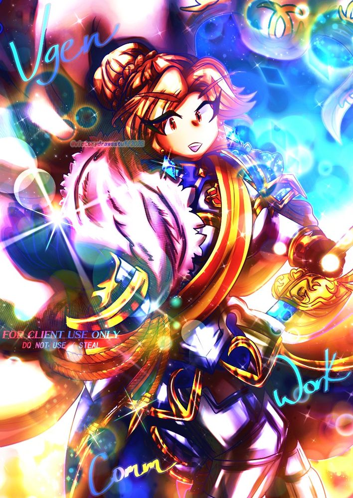 A digital artwork that is commissioned art for @joshua640.bsky.social of the character Katalina from the game Granblue Fantasy (Ballroom version) , commissioned via the art commissioning platform Vgen.

Katalina is a knight with brown hair tied into a bun, fair skin, red eyes and wears armor that consists primarily of silver plates with gold and blue accents and dark brown pants and belts holding up her leg armor plates. Her shoulder armor (on the right shoulder) is blue with gold accents, and on her left shoulder she has a white fur shawl. Her main cape and lower cape are flowing , the main cape is silver with gold designs and the lower cape is blue with golden lining. Katalina also has a red banner wrapped around her, covering most of her chest area. She also holds a sword with fancy gold designs on the handle and hilt and the blade is blue.

Background is primarily blue to yellow gradient with sparkle, bokeh lights and diamond designs motifs.

Done in Clip Studio Paint.