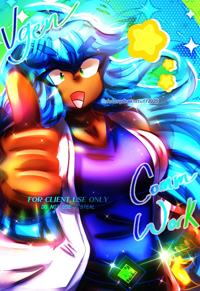 A digital artwork that is commissioned art for @Theta927.bsky.social of their OC Jaylen, commissioned via the art commissioning platform Vgen.

Jaylen is a human with brown skin, green eyes, long blue hair curled at the ends and wears an outfit consisting of a white jacket, blue shirt , dark grey pants and a belt with a shining green diamond at the center. She is also holding a sword that is gold with a black handle, also with a green diamond at the center.

Jaylen is posed with a confident and big smile and is doing a thumbs up with her left hand right in the viewers face. Background is blue and green with halftone, stars and sparkle gradients as well as having stars next to her righthand side of her face.

Done in Clip Studio Paint, covered with a watermark saying "Vgen Comm Work" and a smaller watermark saying "FOR CLIENT USE ONLY, DO NOT USE / STEAL"