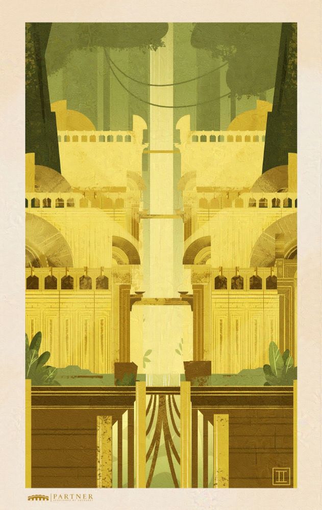 A portrait-oriented piece of Tarir from Guild Wars two. It displayed the golden architecture and has a waterfall in the middle.
