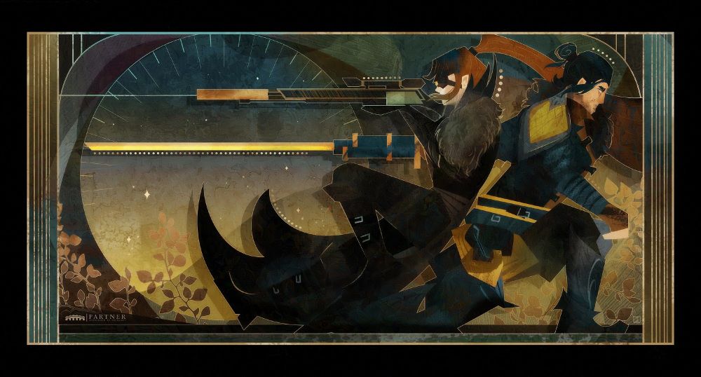 An art-deco/mural like piece featuring Ace and Enya, two humans from Guild Wars 2. Ace is kneeling, holding his gunsaber horizontal. Back to back is Enya, sniper rifle in hand.