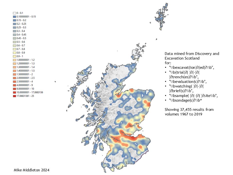 This image shows the density of the records in Discovery and Excavation in Scotland,  for the period from 1967 to 2019. It shows where the focus of archaeological activity has been over this period and shows a concentration of records across the central belt and up the eastern lowlands. Note that there was a processing error resolving the grid references over Orkney and the density plot is likely to be inaccurate in this small area. The image was created  by data mining for grid references and activity types in Python, from the PDFs that can be found here (https://www.archaeologyscotland.org.uk/about-us/publications/discovery-and-excavation-in-scotland-des/).