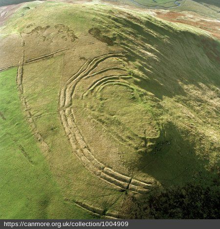 Aerial view of Woden Law fort int the Scottish Borders. The fort is in high pasture. 
