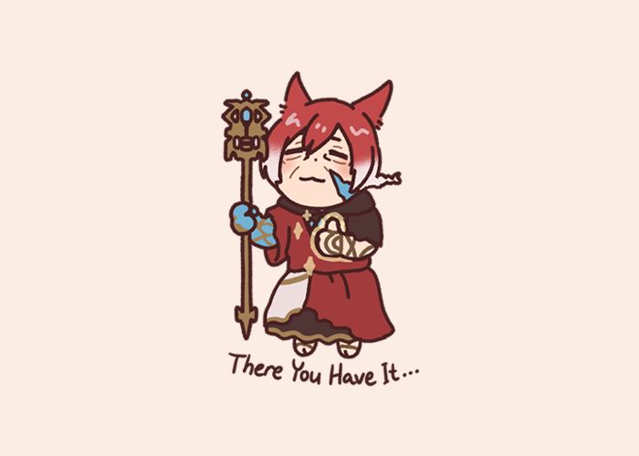 chibi of crystal exarch from final fantasy 14. he looks appropriate to his age (OLD) with wrinkles and all, and is giving a serene thumbs up. the text “There You Have It…” is written below him.
