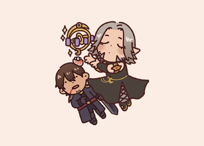 a chibi drawing of urianger from final fantasy 14 peacefully casting a heal on a beat-up meteor/warrior of light lying on the ground, reminiscent of an average trust system run.