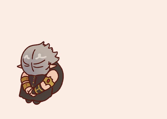 chibi of urianger from final fantasy 14. he is curled up with his arms around his legs and head planted into his knees - clearly going through it. directly references the scene where the crew is hit with aetherial sickness after teleporting into thavnair for the first time.
