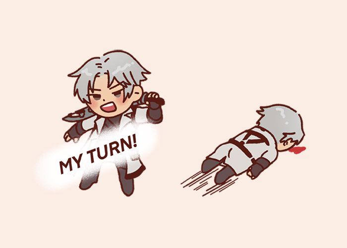 chibi drawings of gunbreaker thancred from final fantasy 14. in the first image, he’s yelling “MY TURN!” with his gunblade across his shoulders. in the second, he’s face down and skidded to a stop on the ground, defeated.