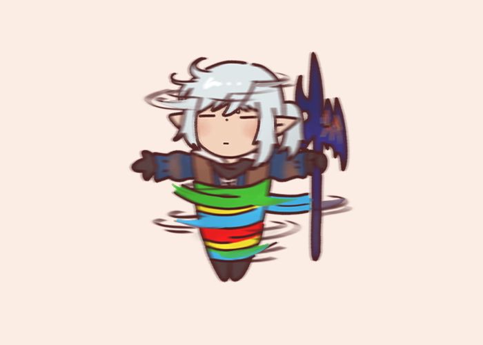 chibi drawing of estinien from final fantasy 14, serenely vibing as he is entangled and spun by several loops of colorful fabric (as seen in the dungeon alzadaal’s legacy)