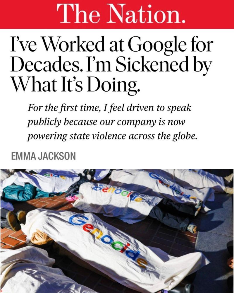 The Nation
I've worked at Google for Decades. I'm sickened by what it's doing.
For the first time, I feel driven to speak publicly because our company is now powering state violence across the globe.
Emma Jackson
