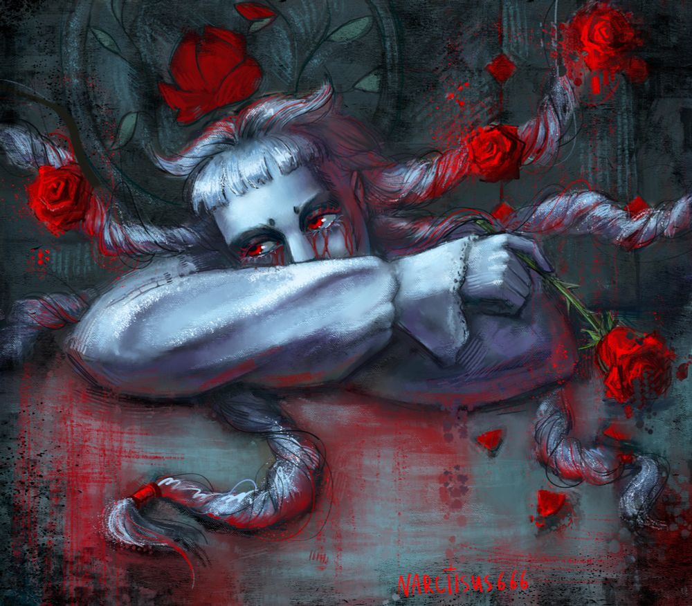 A sad demon sits at the table thinking about life. Red roses are woven into his braids. They dissolve having absorbed his blood.