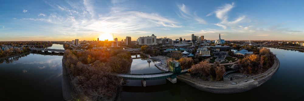 A panorama image featuring "The Forks" in downtown Winnipeg, Manitoba, Canada.