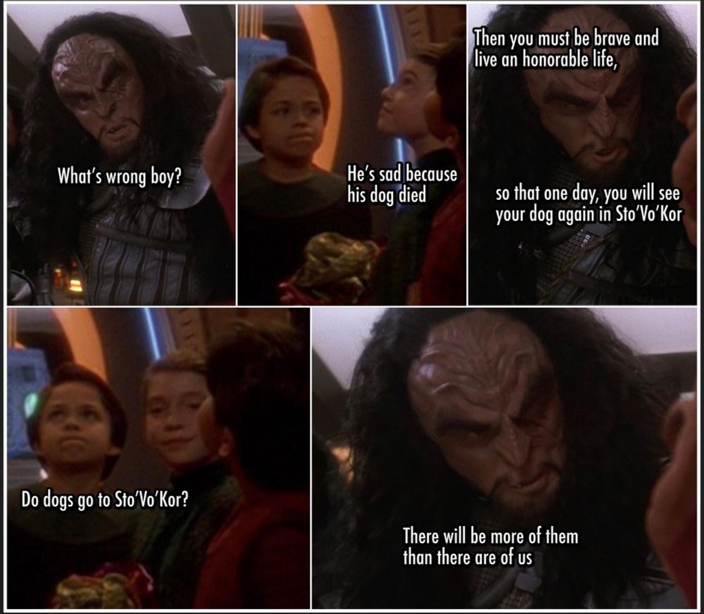 Five panels to tell a story. Left to right , top then bottom. Panel one, General Martok of the Klingon Empire asks "What's wrong boy?" Panel two some young people say "He's sad because his dog died." Panel three is Martok again saying "Then you must be brave and live an honorable life, so that one day, you will see your dog again, in Sto'vo'kor". Panel 4 is the young people asking "Do dogs go to Sto'vo'kor?"  Panel 5 is Martok saying "There will be more of them than there are of us"