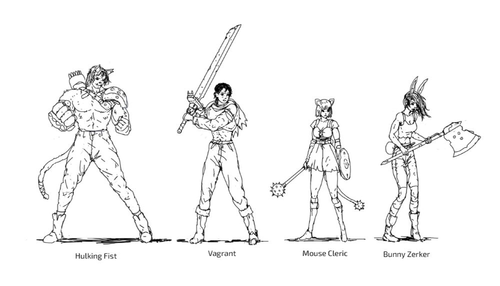 A sketch of several fantasy characters.