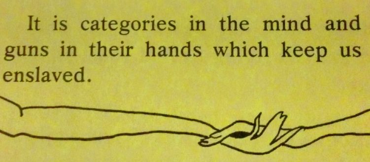 This is a quote from a book by Larry Mitchell called The Faggots and their Friends in-between revolutions published in 1977.
"It is categories in the mind and guns in their hands which keep us enslaved"
