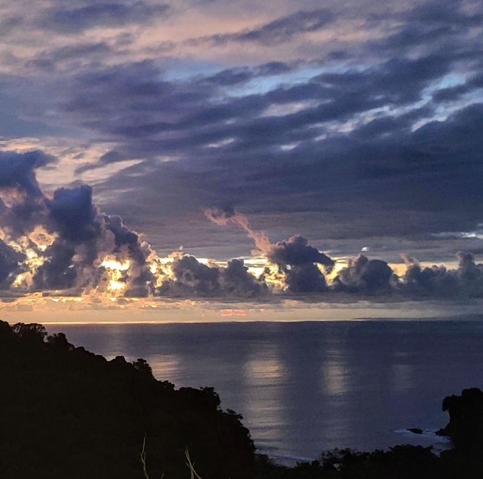 Sunset view over ocean with trees in the foreground and backlit clouds in the distance. Photo taken in Manuel Antonio, Costa Rica.