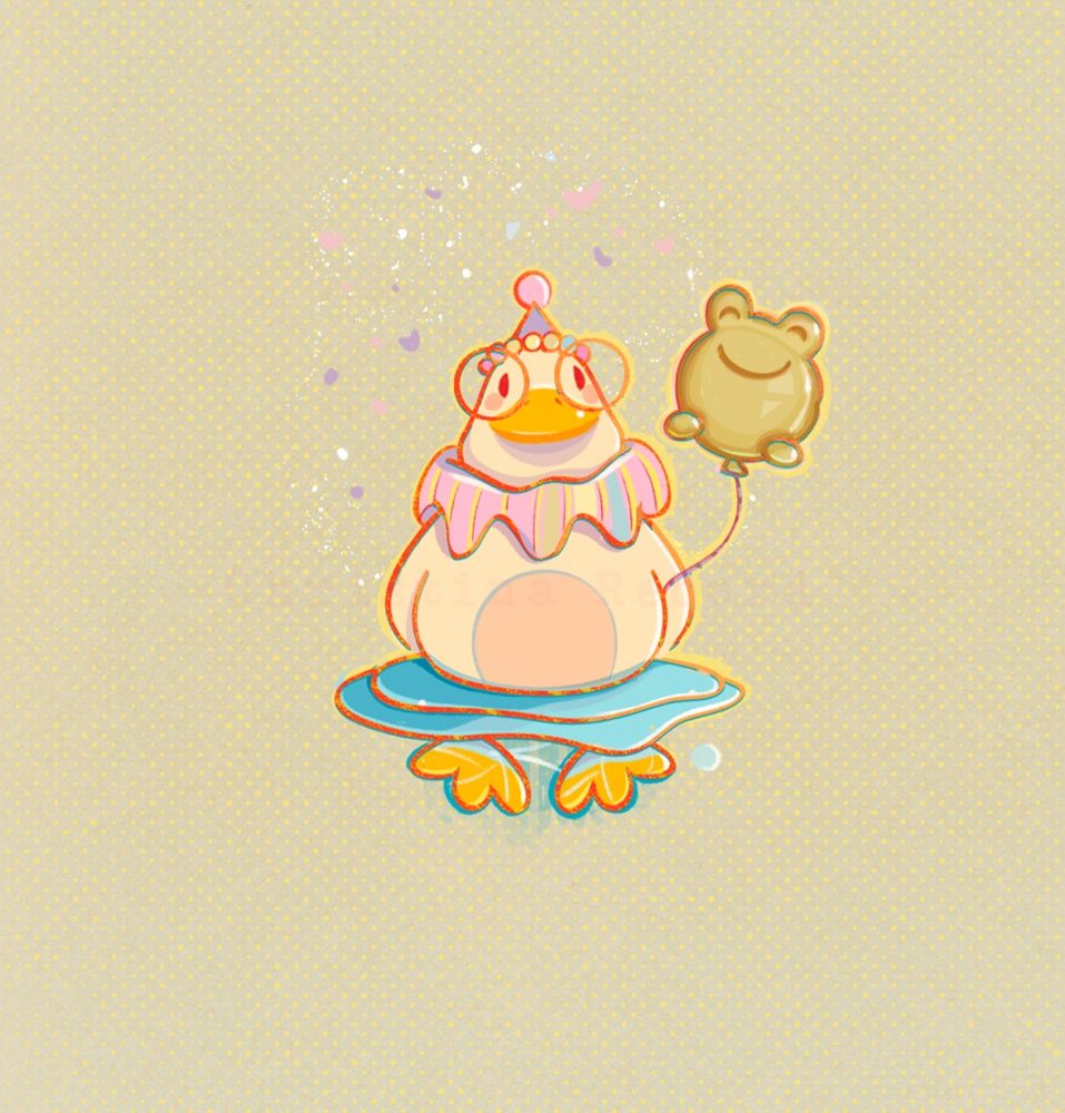 a digital artwork of a silly goose wearing a clown hat, big glasses, and holding a frog balloon