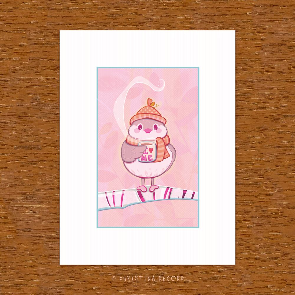 an art print of a fall chickadee with a hat and scarf sipping on a hot cup of coffee