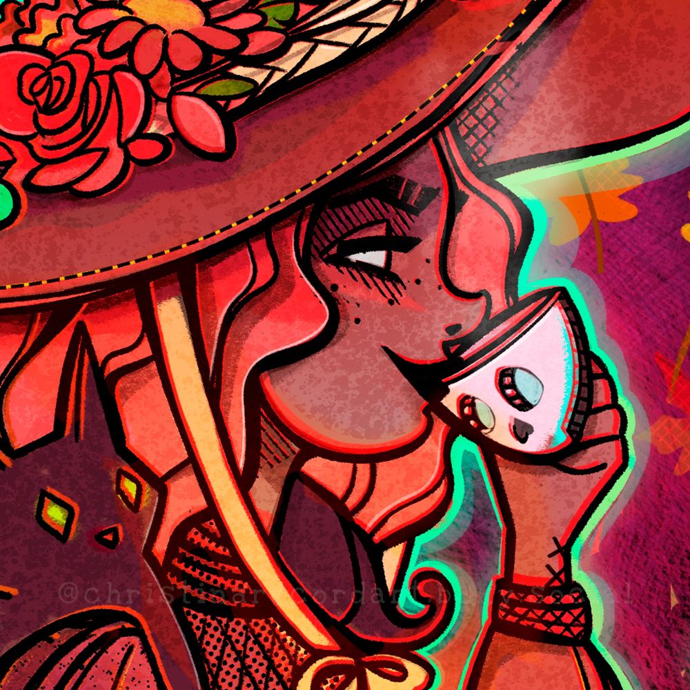 an illustration of a witch sipping on tea with a cat on her shoulders
