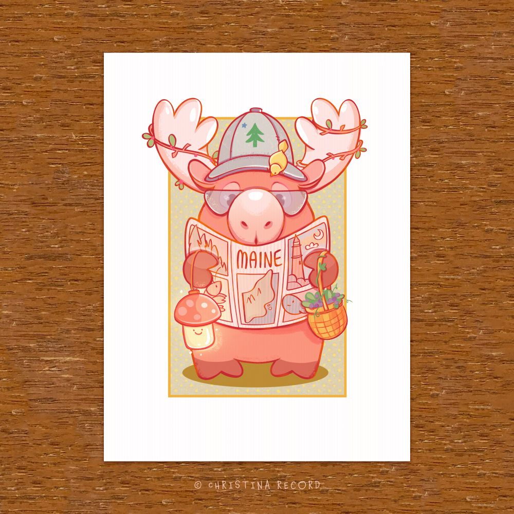 an illustration of a moose with a mushroom lamp and Maine map