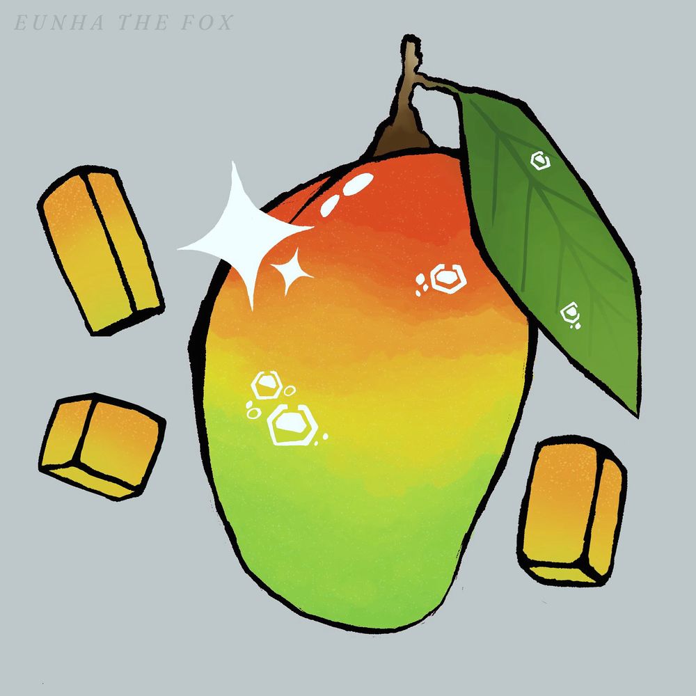 A large illustrated glistening mango. It is surrounded by 3 differently sized cubically sliced mangoes. Art by EunhaTheFox