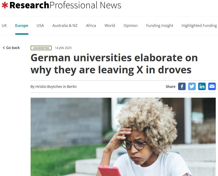 Article on the mass eXit of German universities from plattform X in protest against anti-democratic discourse pushed by Elon Musks algorithms.