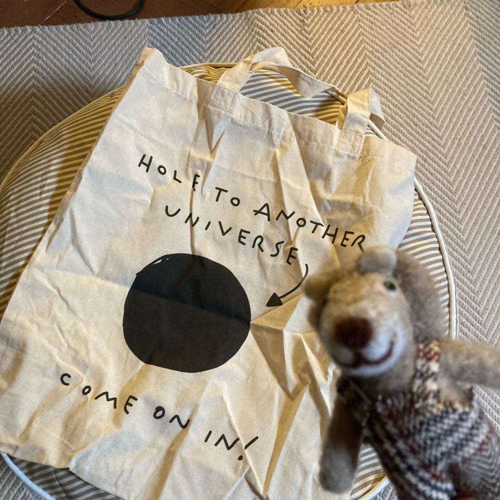 A fabric tote bag with a black circle and the text “A hole to another universe. Come on in !” And a small felted lion smiling on the side 