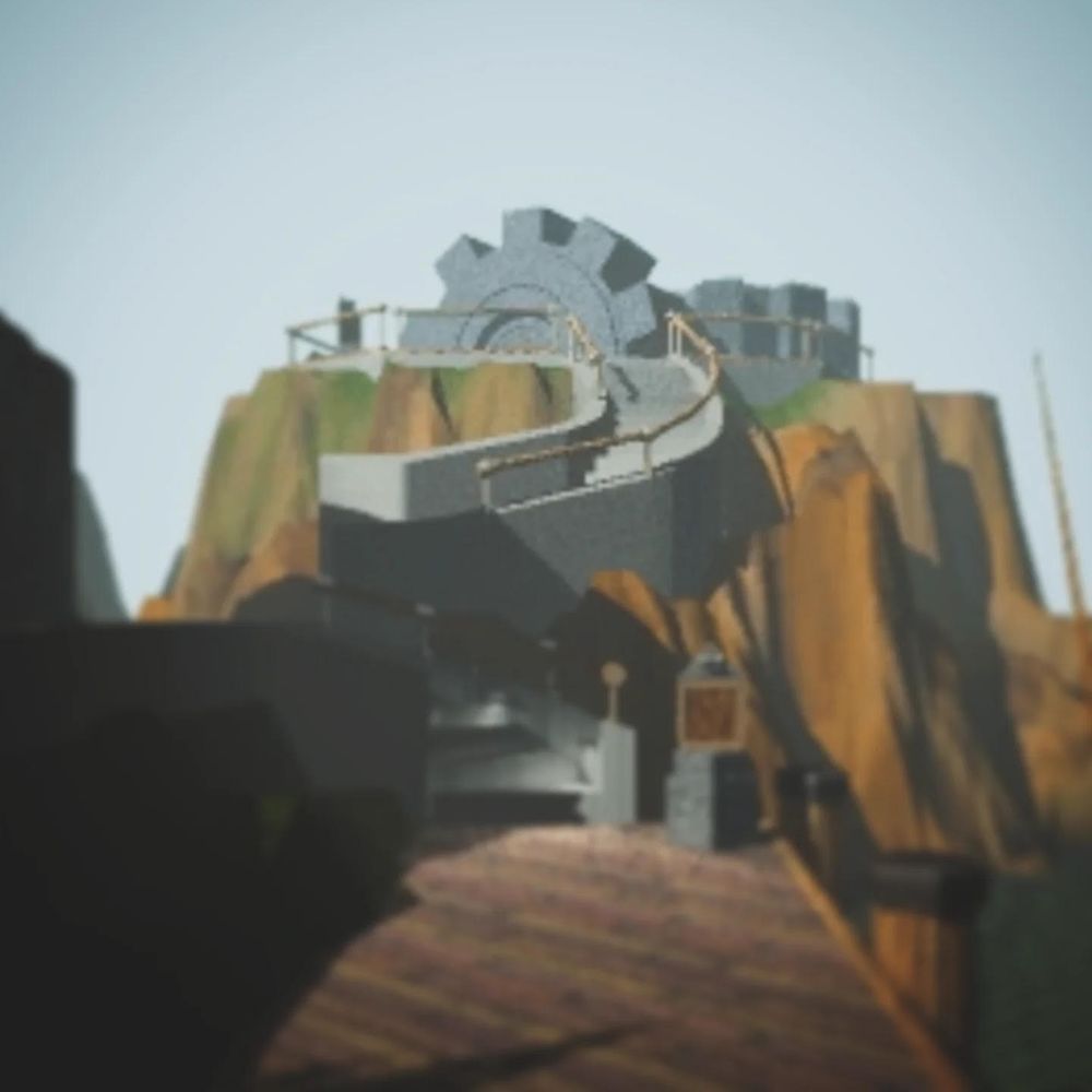 A dock leads to a bizarre structure on the shore of a mysterious island. The structure is made of stone, with golden rails, and at the top, what looks like a large pair of gears.