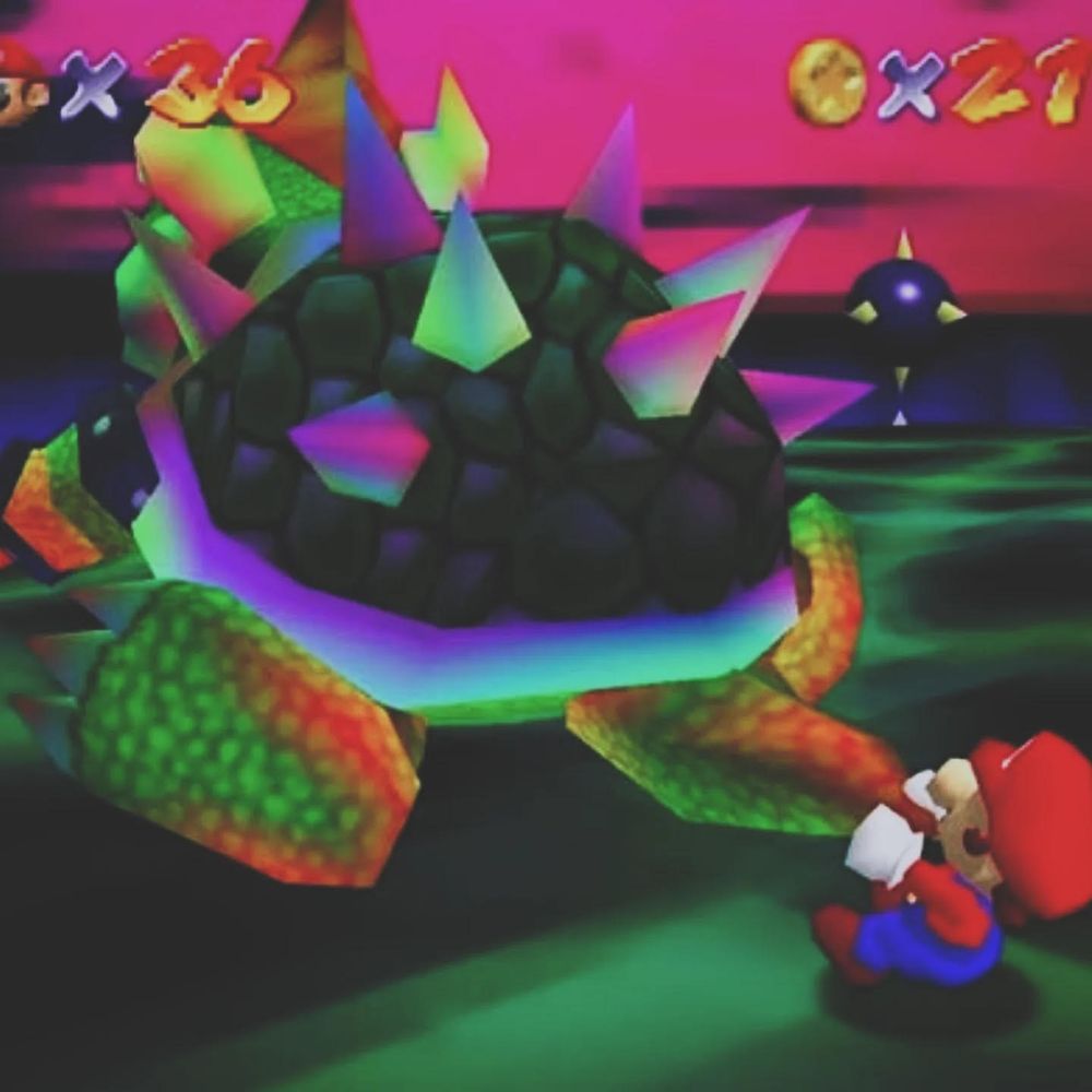 A red-hatted plumber named Mario swings Bowser, a giant spikey shelled Koopa, by his tail.