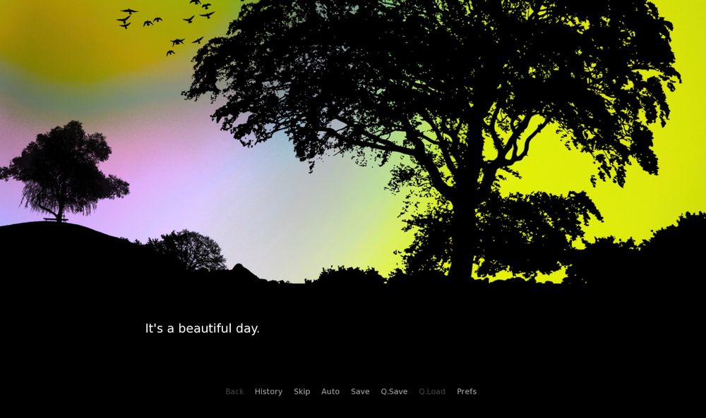 A screenshot of the opening scene from the Hawthorn demo of a silhouetted outdoor scene with a yellow and lavender pink sky.
