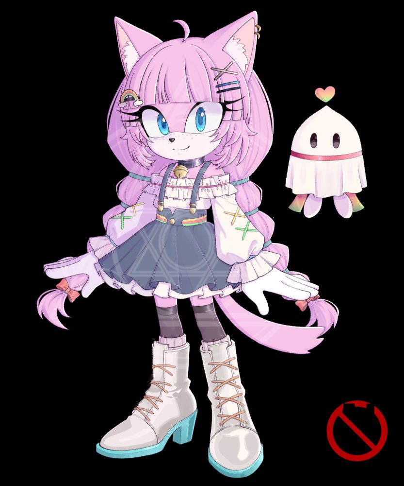 A happy looking pink mobian cat with bright blue eyes and low, bunched pigtails. She has a white, ruffled off-the-shoulder shirt with long sleeves, a dungaree skirt, and knee-high white heeled boots.

To the right of the image is a white chao that resembles a cute ghost.