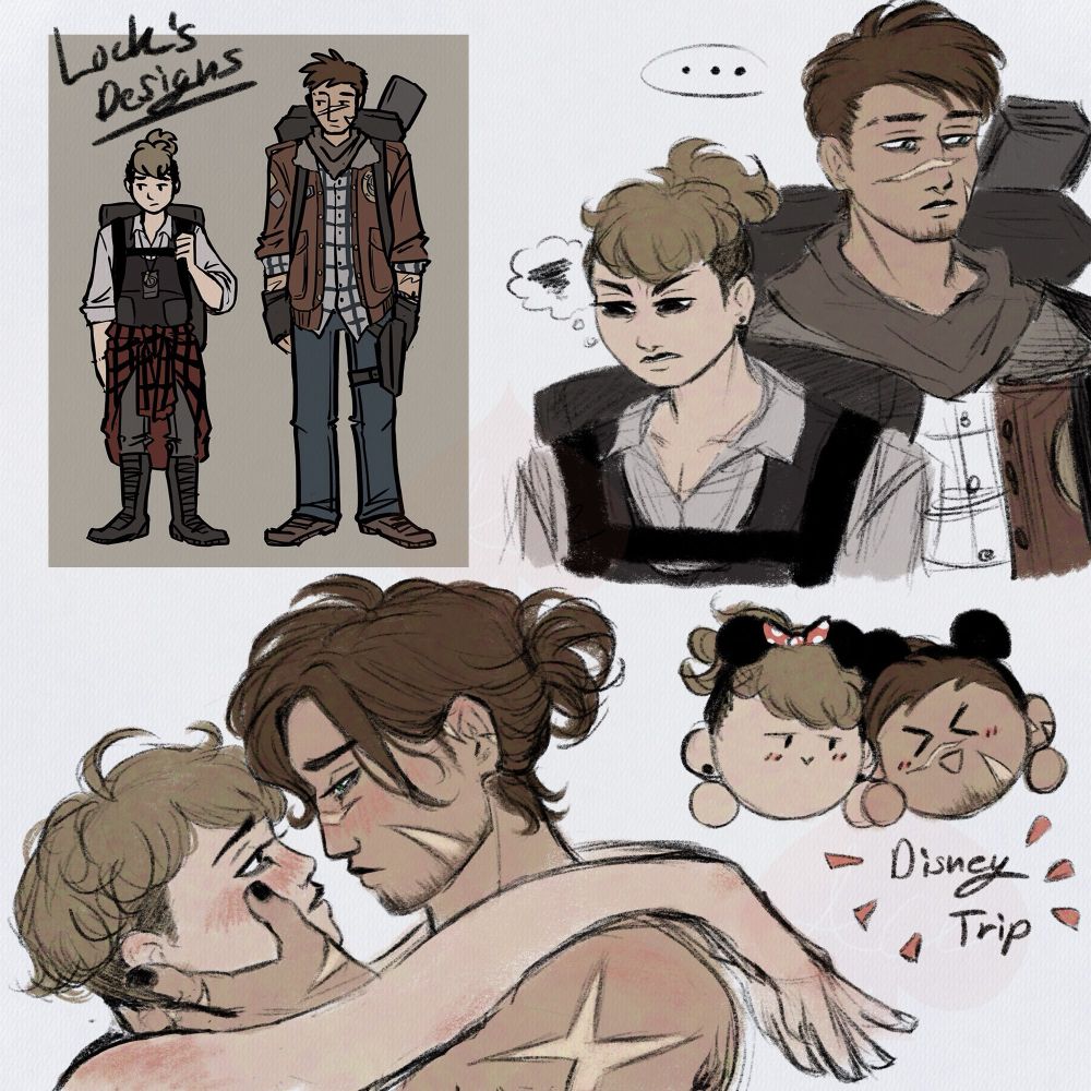 Lock’s Scarian designs for the fic “There are monsters nearby” on Ao3 in the top left corner was used as a reference for the rest of the doodles. Top right is my rendition of their design, Grian looking away from Scar with an angry expression. Scar looks away from Grian with a blank stare. Bottom left is a rendition of Scar and Grian later on in the story, hair longer and Grian’s hair is down. They are about to kiss, holding each other tenderly with solemn expressions. Bottom right has a doodle of both Scar and Grian holding hands, wearing Mickey and Minnie headbands with the phrase “Disney Trip” under them. Grian is looking at Scar lovingly while Scar has an ecstatic expression on his face.
