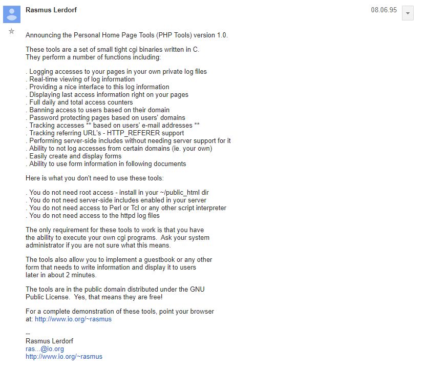 Rasmus Lerdorf original post on 08.06.95 on a mailing list announcing Personal Home Page Tools (PHP Tools) version 1.0.