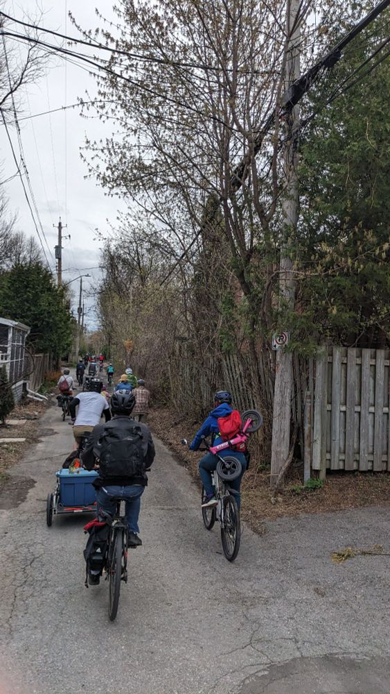 A group of people biking through a laneway