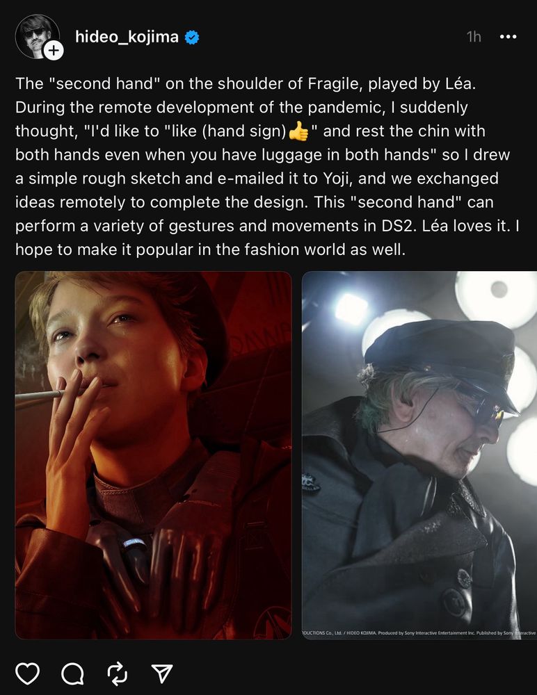 a screenshot of a post from hideo kojima talking about a feature coming to death stranding 2 called second hand