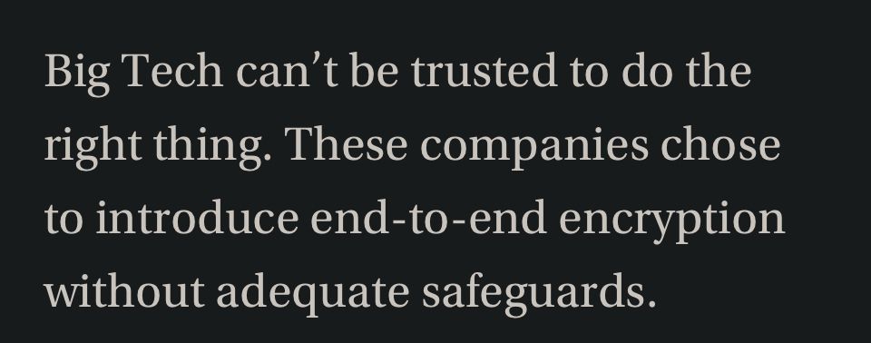 Big Tech can't be trusted to do the right thing. These companies chose to introduce end-to-end encryption without adequate safeguards.