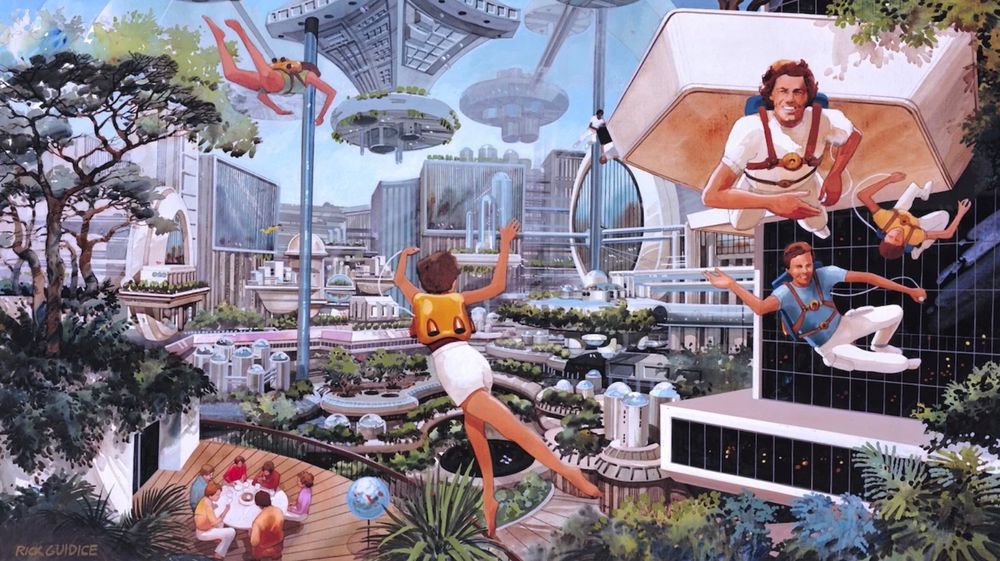 Retro futurist art of a city with blimps and people swimming through the air 
