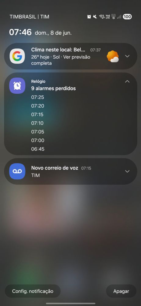 print da barra de notificações do meu celular. 

07:46 dom., 8 de jun.
Clima neste local: Bel(o Horizonte)
26° hoje - Sol - Ver previsão completa
Relógio
9 alarmes perdidos
7:25
7:20
7:15
7:10
7:05
7:00
6:45
